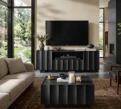 win2win 61" Modern TV Stand with Storage, Wave Design, Black | Media TV Console for Living Room Bedroom, Entertainment Center for 70 Inch TV, Wood Grain Finish, Adjustable Shelves - color: Black