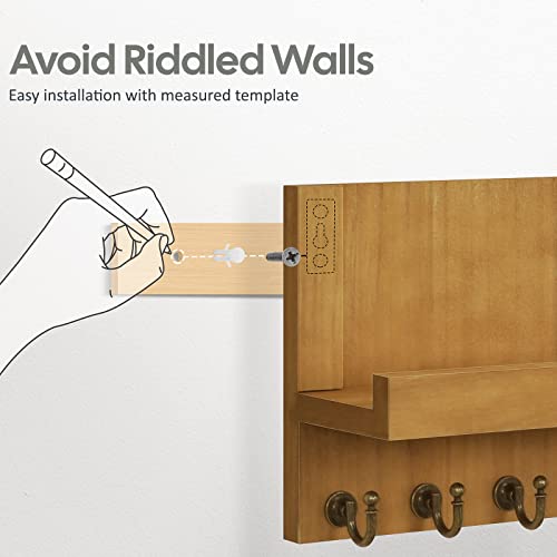 HONJIN Farmhouse Wall Key Holder for Wall : Holiday Card Slot Design Wooden Mail Organizer Wall Mount Dog Leashes Holder Hanger (Light Brown) | Key and Mail Holder Wall Mount, Wooden Entryway Organizer and Decorative, Easy Installation, 10*3.8*6.85 Inch -