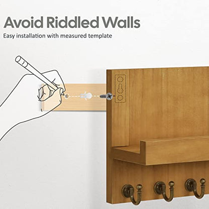 HONJIN Farmhouse Wall Key Holder for Wall : Holiday Card Slot Design Wooden Mail Organizer Wall Mount Dog Leashes Holder Hanger (Light Brown) | Key and Mail Holder Wall Mount, Wooden Entryway Organizer and Decorative, Easy Installation, 10*3.8*6.85 Inch -