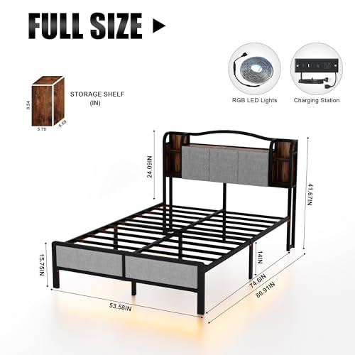 Full Bed Frame with LED Lights & Charging Station | Upholstered Headboard & Footboard, No Box Spring Needed, Noise-Free Easy Assembly, Large Under Bed Storage - size: Full