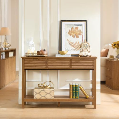 LEYAOYAO 47.2" Fluted Console Table with 3 Drawers, Brown Entryway Table | Modern Wood 2 Tier Entry Table, with Open Storage Shelf, Farmhouse Sofa Table Behind Couch, for Living Room, Hallway, Foyer - color: Tea Brown