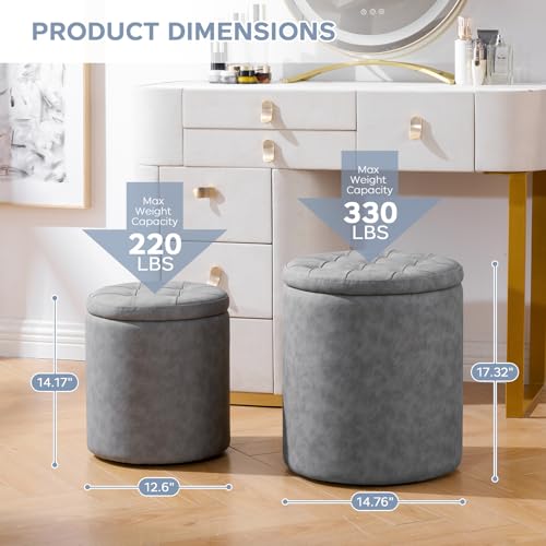oakvivo 12.6" W x 14.17" H & 14.76" W x 17.32" H Storage Ottoman Foot Stool for Couch, Nesting Round Vanity Stools Padded Ottomen, Leather Set of 2 Footrest for Living Room,Grey - color: Grey