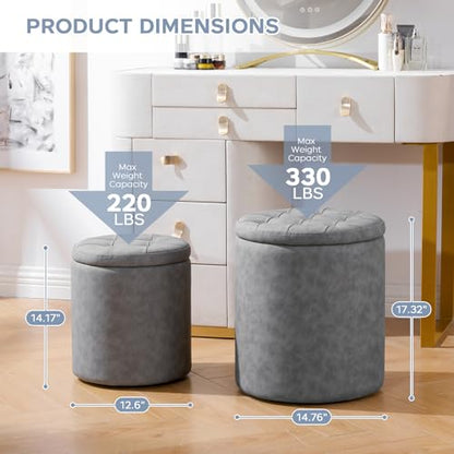 oakvivo 12.6" W x 14.17" H & 14.76" W x 17.32" H Storage Ottoman Foot Stool for Couch, Nesting Round Vanity Stools Padded Ottomen, Leather Set of 2 Footrest for Living Room,Grey - color: Grey