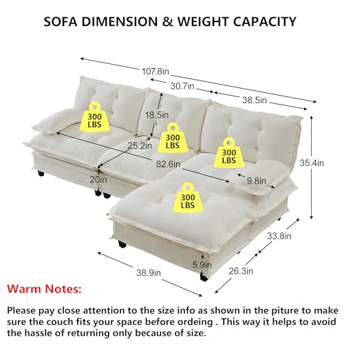 Modular Sectional L-Shaped Sofas,Roomy 3 Seater Sofa Couch with Ottoman,107.8" Chenille Cloud Couches,Modern Tufted Corner Sofa Set for Living Room - color: Beige, size: 3+1