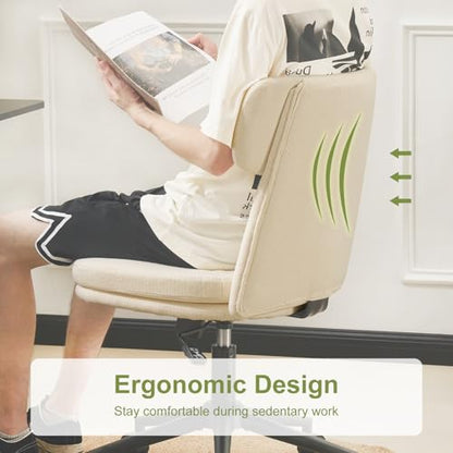 Armless Office Chair with Wheels, Luxury Chenille Swivel Desk Chair with Ergonomic Curved Full Back, Double-Layer Seat, Adjustable Modern Vanity Chair for Makeup, Home Office, Cream White - color: Cream White, size: Full Back