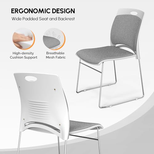 VINGLI Stackable Plastic Mesh Padded Chairs for Office Set of 8, Grey | Stacking Chairs with Metal Sled Base, Ergonomic Plastic Pad Seat & Back, Waiting Banquet Guest Break Room, Easy to install - color: Grey, size: 8 Pack