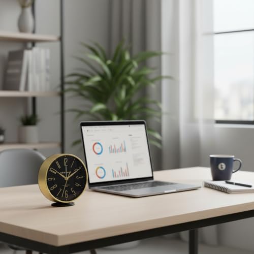 Crosley Modern Art Deco Alarm Clock for Office, Bedroom, or Desk – Analog Non-Ticking Clock with Easy-to-Read Dial, Gold Metal Frame & Black Face (6-Inch) - color: Gold Black