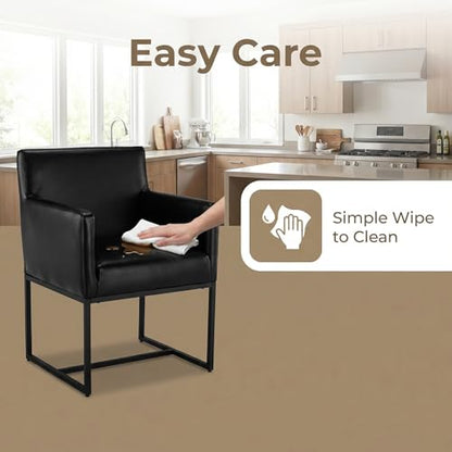 Faux Leather Upholstered Dining Chairs with Arms Set of 2, Mid Century Modern Padded Kitchen Chair with Black Metal Frame for Restaurant, Dining Room, Black - color: Black