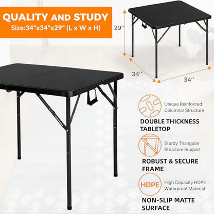 34" Square Folding Table, Portable Folding Card Table with Collapsible Legs & Carrying Handle, Plastic Tables for Camping,Picnic, Office, Party,Black - color: 34"-black(square)