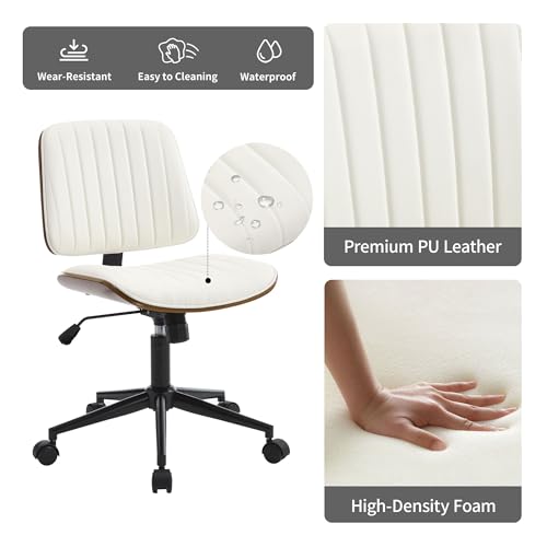 VipDesk Small Home Office Chair - Armless Mid Back Desk Chair with 360° Swivel and Wheels, PU Upholstered Height Adjustable Modern Walnut Computer Chair for Home, Office Meeting Room - White - color: White, size: Classic