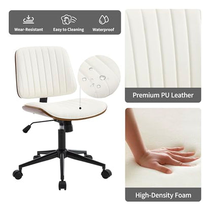 VipDesk Small Home Office Chair - Armless Mid Back Desk Chair with 360° Swivel and Wheels, PU Upholstered Height Adjustable Modern Walnut Computer Chair for Home, Office Meeting Room - White - color: White, size: Classic