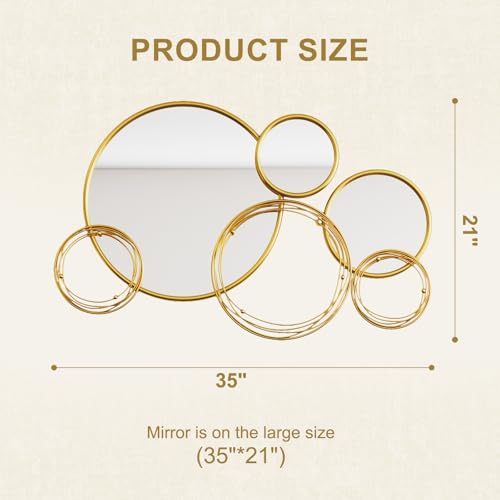 Gold Multi-Circle Wall Mirrors Decor - 35"X21" Modern Large Boho Layered Circular Iron Frame Wall Sculptures Decorative Art Mirror for Living Room, Dining Room, Entryway, Fireplace, Hallway, Bedroom - color: Gold - 35" L X 21" W