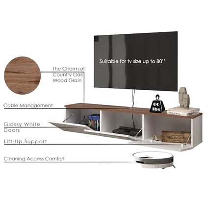 Floating TV Stand Glossy White for 65-80 Inch TV, 63" Wall Mounted TV Stand with Storage, White and Wood Floating Entertainment Center with Cable Management, Floating Media Console for Living Room - color: Wood Like