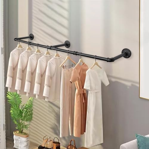 Industrial Iron Pipe Clothes Hanging Bar DIY Wall-Mounted Garment Rack Heavy Duty Clothing Rack for Bedroom, Laundry Room, Closet Storage (Black 60 inch) - color: Black, size: 60 Inch
