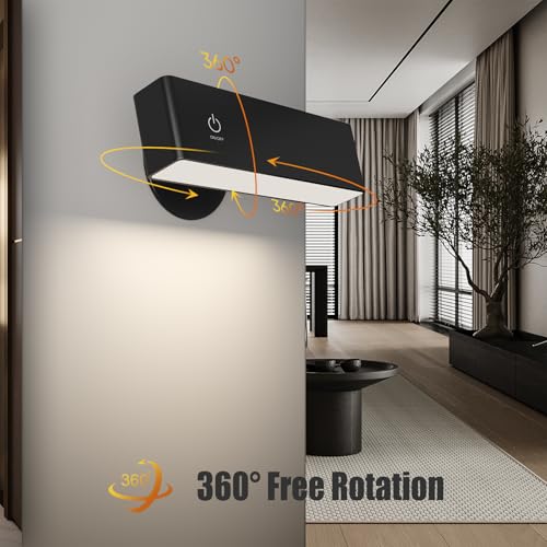 Wireless Wall Sconces 2 Pack, Rechargeable Reading Light for Bed Dimmable | Adhesive Wall Lights for Bedroom with Magnetic & 360 Rotation, Peel and Stick Lights for Wall Bedside, Reading - color: Black