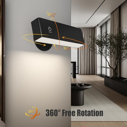 Wireless Wall Sconces 2 Pack, Rechargeable Reading Light for Bed Dimmable | Adhesive Wall Lights for Bedroom with Magnetic & 360 Rotation, Peel and Stick Lights for Wall Bedside, Reading - color: Black