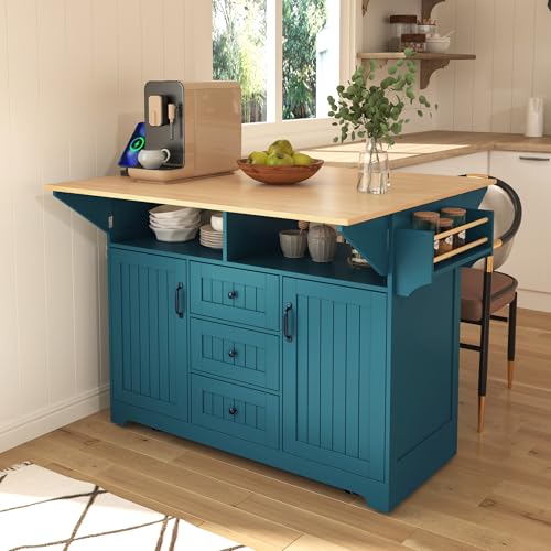 55.7'' Kitchen Island with 2 Drop Leaf, Rolling Kitchen Island On Wheels with Power Outlet, Mobile Island Table with with Storage, for Kitchen, Dining Room (Green) - color: Green