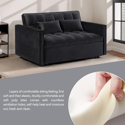 3 In 1 Velvet Convertible Sofa Bed, Pull Out Couch Bed with Reclining Backrest And 2 Pillows, 54" Full Size Loveseat Sleeper Sofa Futon Couch Beds, Couches For Small Spaces, Living Room (Black) - color: Black