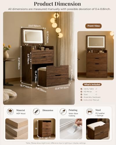 Small Vanity with Mirror and Lights for Small Space, 3-in-1 Compact Makeup Vanity Desk with Storage, Flip Top Vanity Table with Hidden Stool, 3 Color Mode, Drawers & Jewelry Organizer, Mini Vanity Set - color: Walnut, size: 23.6"
