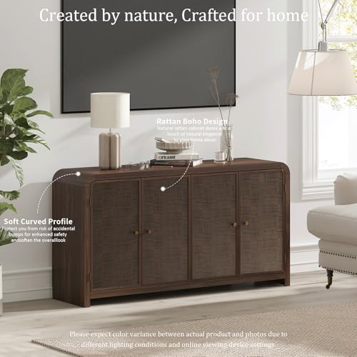 Oak&Sparrow Oak Rattan Sideboard Buffet Cabinet, 60'', 4 Doors | Boho Style, Adjustable Shelves, With Storage, For Living Room, Hallway & Kitchen - color: Dark Walnut