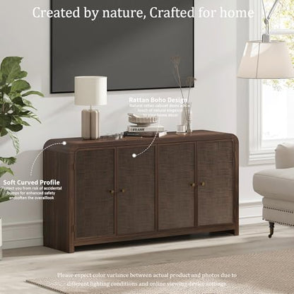Oak&Sparrow Oak Rattan Sideboard Buffet Cabinet, 60'', 4 Doors | Boho Style, Adjustable Shelves, With Storage, For Living Room, Hallway & Kitchen - color: Dark Walnut