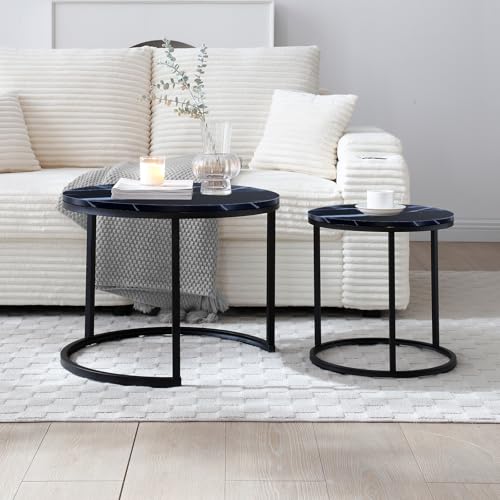 24" Marble Pattern Accent Side Table, Modern Nesting Side Tables with Metal Frame, Space-Saving Nesting Coffee Table Set for Living Room Apartment, Black - color: Black