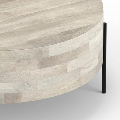 SIMPLIHOME Sawhorse 48" Wide Walnut Veneer and Metal Coffee Table | Modern round coffee table with black metal legs and a large surface; cocktail table or center table for living rooms. - color: White Wash