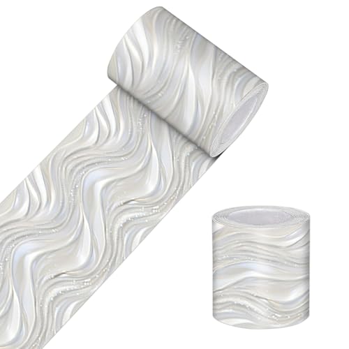 HOMETITUTE Peel and Stick Wallpaper Border 4x196in Silver Wave Pattern | Silver Metallic Wave wall trim, metallic look, ceiling edge, door frame, mirror border, for smooth indoor surfaces - color: wave pattern