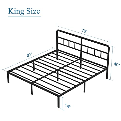 DiaOutro Metal Platform King Bed Frame with Headboard, 14 Inch, Black | Heavy Duty Bed For Kids Adults, Steel Slat Supports No Box Spring Needed, Easy Assembly, Noise Free - size: King, style: 14 Inch
