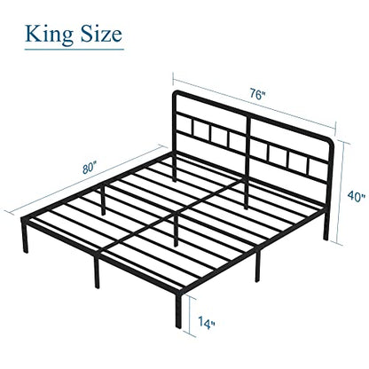 DiaOutro Metal Platform King Bed Frame with Headboard, 14 Inch, Black | Heavy Duty Bed For Kids Adults, Steel Slat Supports No Box Spring Needed, Easy Assembly, Noise Free - size: King, style: 14 Inch