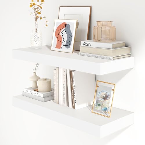 30 Inch Floating Shelves, 12'' Deep White Shelves for Wall Set of 2 | Invisible Brackets, Engineered Wood, Mounting Hardware Included, 45LBS, Bathroom, Laundry Room, Kitchen, Living Room - color: White, size: 30W x 11.6D x 2H, 2 Pack