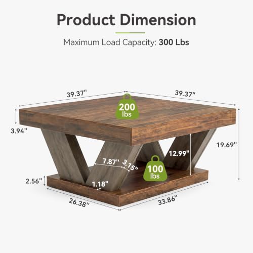 LITTLE TREE Coffee Table, Farmhouse Coffee Table with Large Storage Shelf | 2-Tier Rustic Wood Modern Center Table for Living Room、Home Office, Brown and Black - color: Black+brown