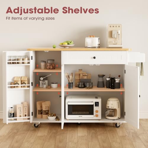 GRUSIGN Kitchen Island with Storage, 41.7" Rolling Cart with Drop Leaf, Portable Island Table on Wheels, Spice Rack, Towel Rack and Drawer, White, 41.7" L x 29.5" W