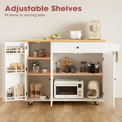 GRUSIGN Kitchen Island with Storage, 41.7" Rolling Cart with Drop Leaf, Portable Island Table on Wheels, Spice Rack, Towel Rack and Drawer, White, 41.7" L x 29.5" W
