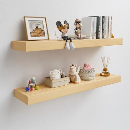 36 inch Long White Oak Floating Shelves for Wall, 8in Deep, Set 2 | 2" Thick Wood Wall Shelf, Heavy Duty Bracket, Bathroom Bedroom Kitchen Living Room, Non-tilting, 50LBS Capacity - color: White Oak, size: 35.5 x 7.9 x 2 (2pc)