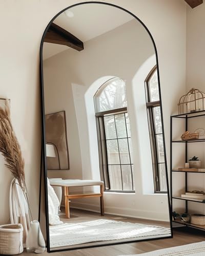Full Length Mirror with Stand, 81"x41" Arched Full Body Mirror, Large Stand Up Mirrors, Aluminum Frame Floor Standing Mirrors, Freestanding Hanging Leaning Mounted for Bedroom Living Room, Black - color: Black, size: 81"L x 41"W