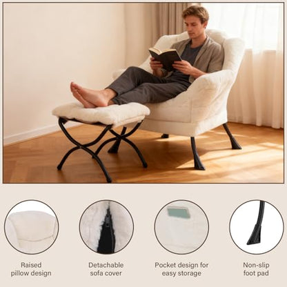 Welnow Lazy Chair with Ottoman, Reading Chair with Footrest, Plush Beige | A Side Pocket,Armrests,Foldable Footrest,Thick Cushioned Seat & Backrest, Lounge Chair for Bedroom,Living Room & Small Space - color: Plush Beige