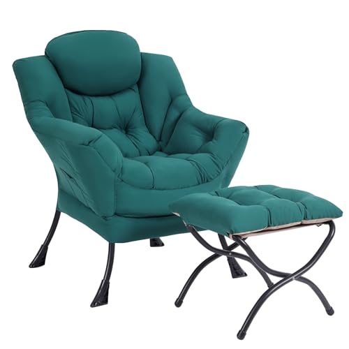 Modern Lazy Chair with Ottoman Lounge Accent Reading Chair for Living Room | Foldable Footstool,Removable Cover,Soft Padded Seat & Backrest,Upholstered Comfy Chair for Bedroom,Dorm,Office,Small Space - color: Dark Green