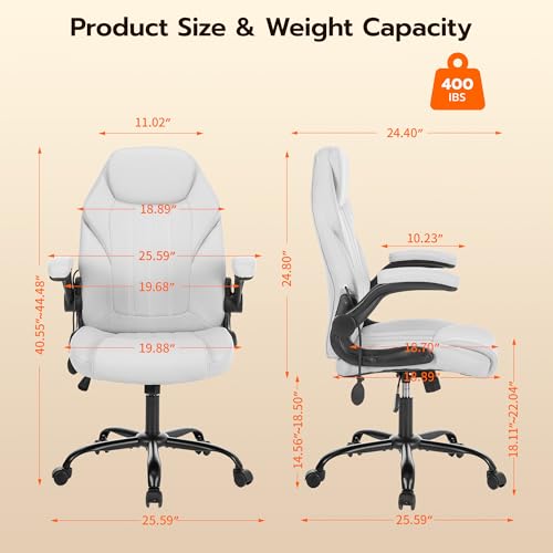 Ylzyxal Office Desk Chair, Ergonomic Computer Chair with Padded Flip-Up Arms and Adjustable Lumbar Support, PU Leather Executive Chair with Tilt Lock and 360° Swivel Rolling Wheels for Work, Study - color: White