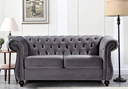 GDFStudio 82.6" Chesterfield Sofa Set, Modern Velvet Upholstered Sofa Set, Comfy 3 Seat Couch with Loveseat for Living Room Apartment, Button Tufted Rolled Arms Solid Wood Legs Spring Cushion, Black - color: Grey, size: 3+2 Seat