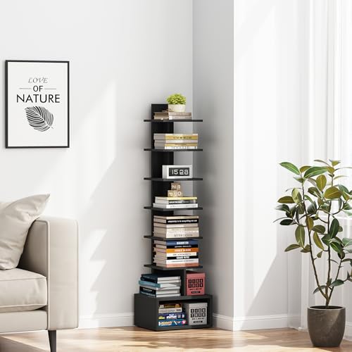 TUTOTAK Book Shelf, Narrow Spine Bookshelf, 8-Tier Bookcase for Small Space | 10.4 x 11.8 x 47.5 Inches Vertical Freestanding Corner Shelf for Living Room, Office, Study, Entryway, Black BS07BK008 - color: Black