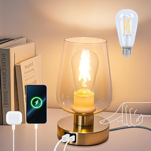 Touch Bedside Table Lamp with Glass Shade, Gold Modern Small Lamp for Bedroom Living Room Nightstand, 3 Way Dimmable Desk Lamp with USB C+A+AC Outlet Charging Ports, 800LM LED Bulb Included - color: Gold