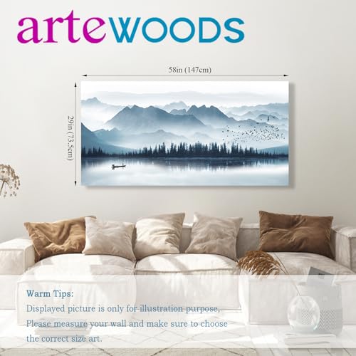 arteWOODS Indigo Canvas Wall Art Misty Mountain Wall Pictures Foggy Lake Boat Painting Print Blue Forest Birds Artwork Wall Decor for Living Room Wall Decorations Framed Ready to Hang 29" x 58" - color: Indigo Mountain Lake, size: 58"L x 29"W