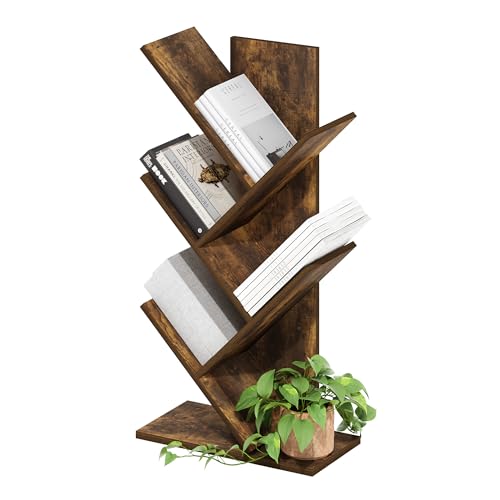 Furinno Tree Book Shelf, 5-Tier Bookshelf with Angled Open Shelf, Tree Bookcase for Room Decor, 8.4 x 15.7 x 30.3, for Organization and Storage, for Living Room, Bedroom, Home Office, Amber Pine - color: Amber Pine, size: 5-Tier Tree Bookcase
