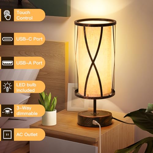 Distressed Table Lamps for Living Room, 3 Way Dimmable Touch Lamps, Small Bedside Lamps with LED Bulbs, USB Ports C+A, Nightstand Lamp for Kids Room, Bedroom, Office (2 Pack Iron) - size: 2 Pack Iron