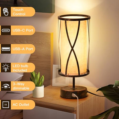 Distressed Table Lamps for Living Room, 3 Way Dimmable Touch Lamps, Small Bedside Lamps with LED Bulbs, USB Ports C+A, Nightstand Lamp for Kids Room, Bedroom, Office (2 Pack Iron) - size: 2 Pack Iron