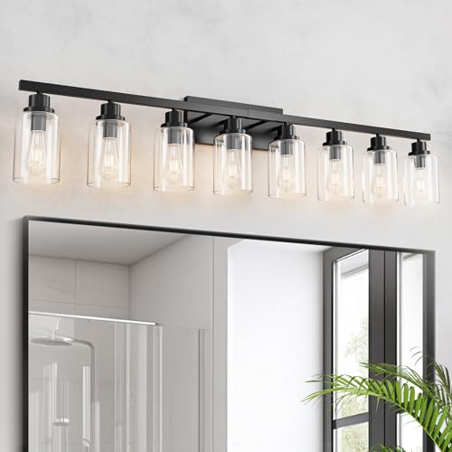 8 Light Black Bathroom Vanity Light Fixture, Long Farmhouse Vanity Lights Over Mirror,Modern Large Bathroom Lighting Wall Light with Clear Glass Globe for Mirror,Living Room,Bedroom - color: Black, size: 8 Light