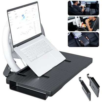 2-in-1 Car Steering Wheel Desk & Seat Gap Organizer Filler Tray | Foldable Adjustable Height Car Desk for Laptop Computer Tablet, Eating - Portable Table for Car Workstation Truck SUV Tesla