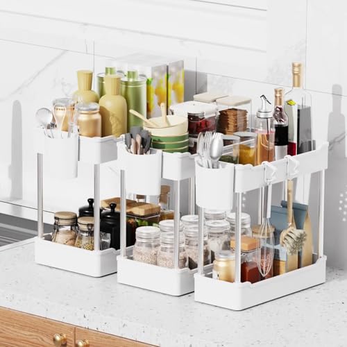 3 Pack Under Sink Organizer Bathroom and Storage Cabinet (White) | 2 Tier with Hanging Cups for Kitchen - color: White