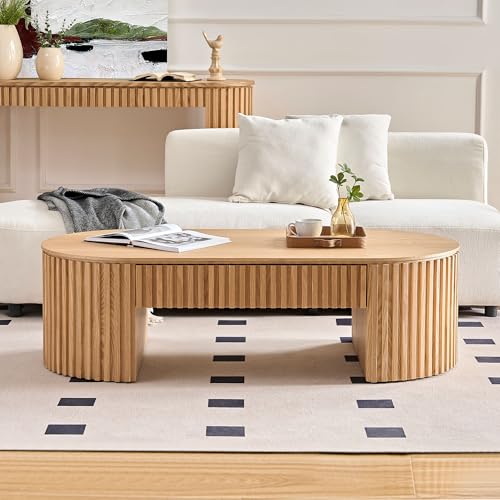 51.18'' Oval Wood Coffee Table with Drawer, Centre Table Tea Table Fluted Coffee Table Mid Century Modern Round Coffee Table Unique for Living Room Apartment-Oak - color: Oak, size: 51.18"x23.62"x14.56"